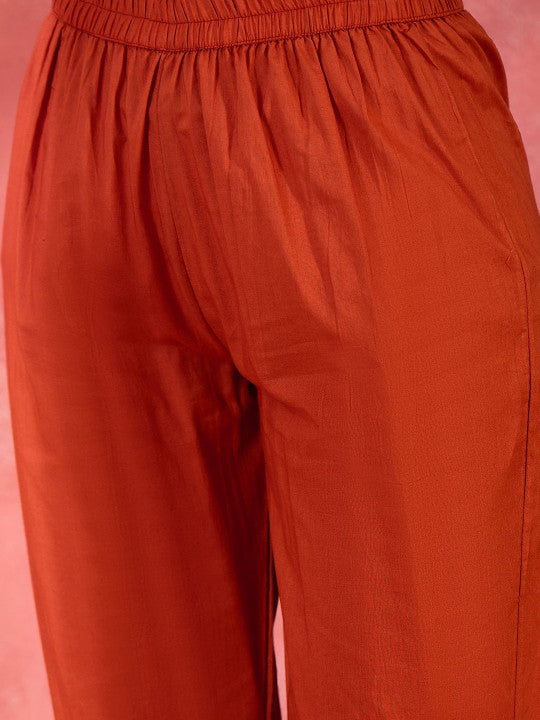 Rust Floral Embroidered Cotton Tunic with Trousers Co-Ords