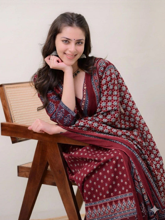 Floral Printed Square Neck Anarkali Kurta With Palazzos & Dupatta