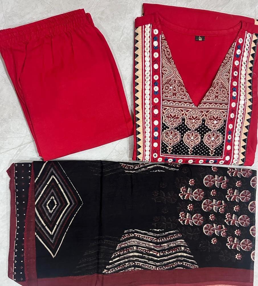 Red Cotton Embroidered Kurti with Printed Dupatta for Women