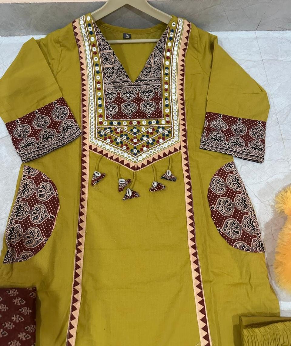 Mustard Yellow Cotton Embroidered Kurti with Printed Dupatta for Women