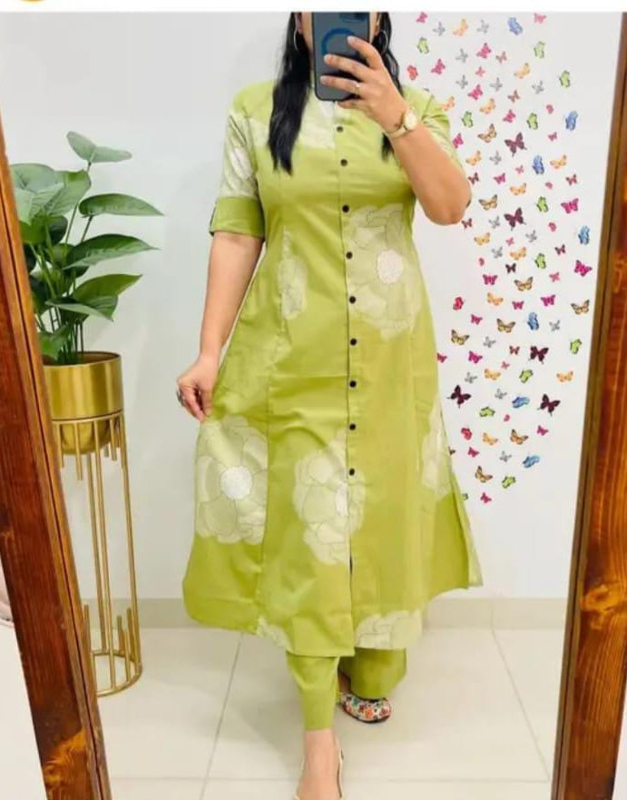 Green Floral Printed Cotton Kurti Set with Pants for Women