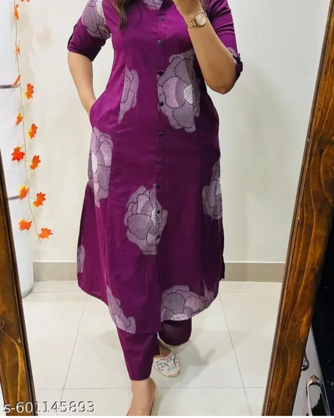 Wine Purple Floral Printed Cotton Kurti Set with Pants for Women