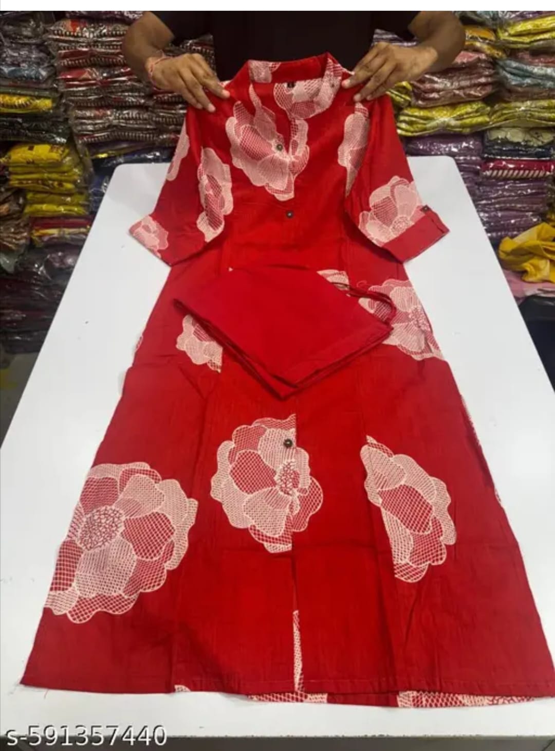 Red Floral Printed Cotton Kurti Set with Pants for Women