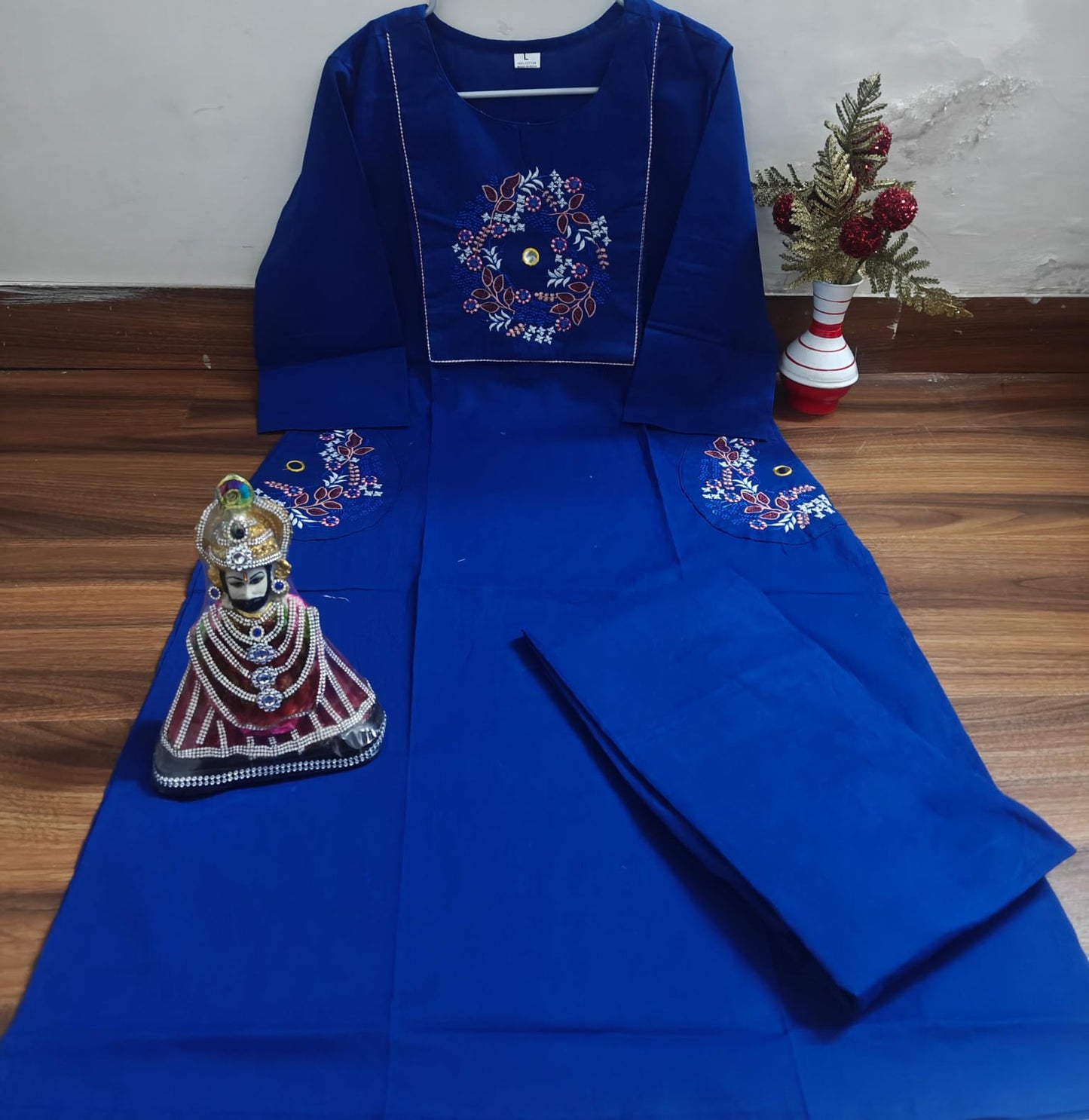 Blue Cotton Embroidered Kurti Set with Pants for Women