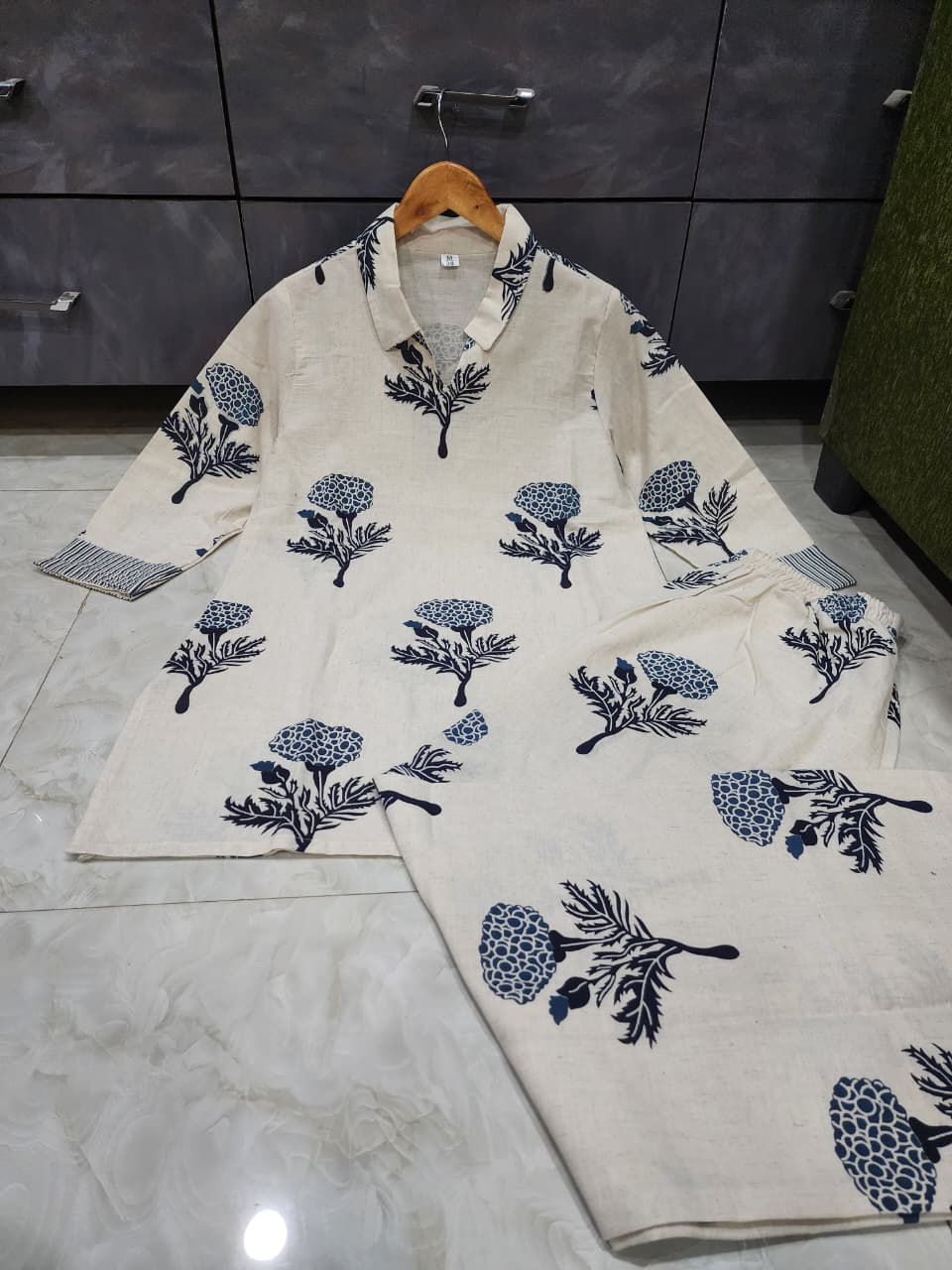 Women’s White Cotton Co-Ord Set with Blue Floral Print