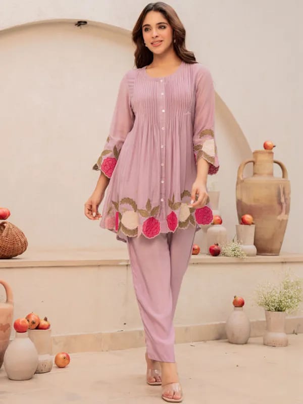 Pruple Blossom Embroidered Kurta Set