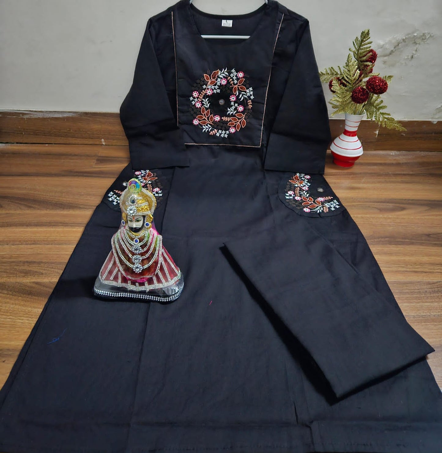 Black Cotton Embroidered Kurti Set with Pants for Women