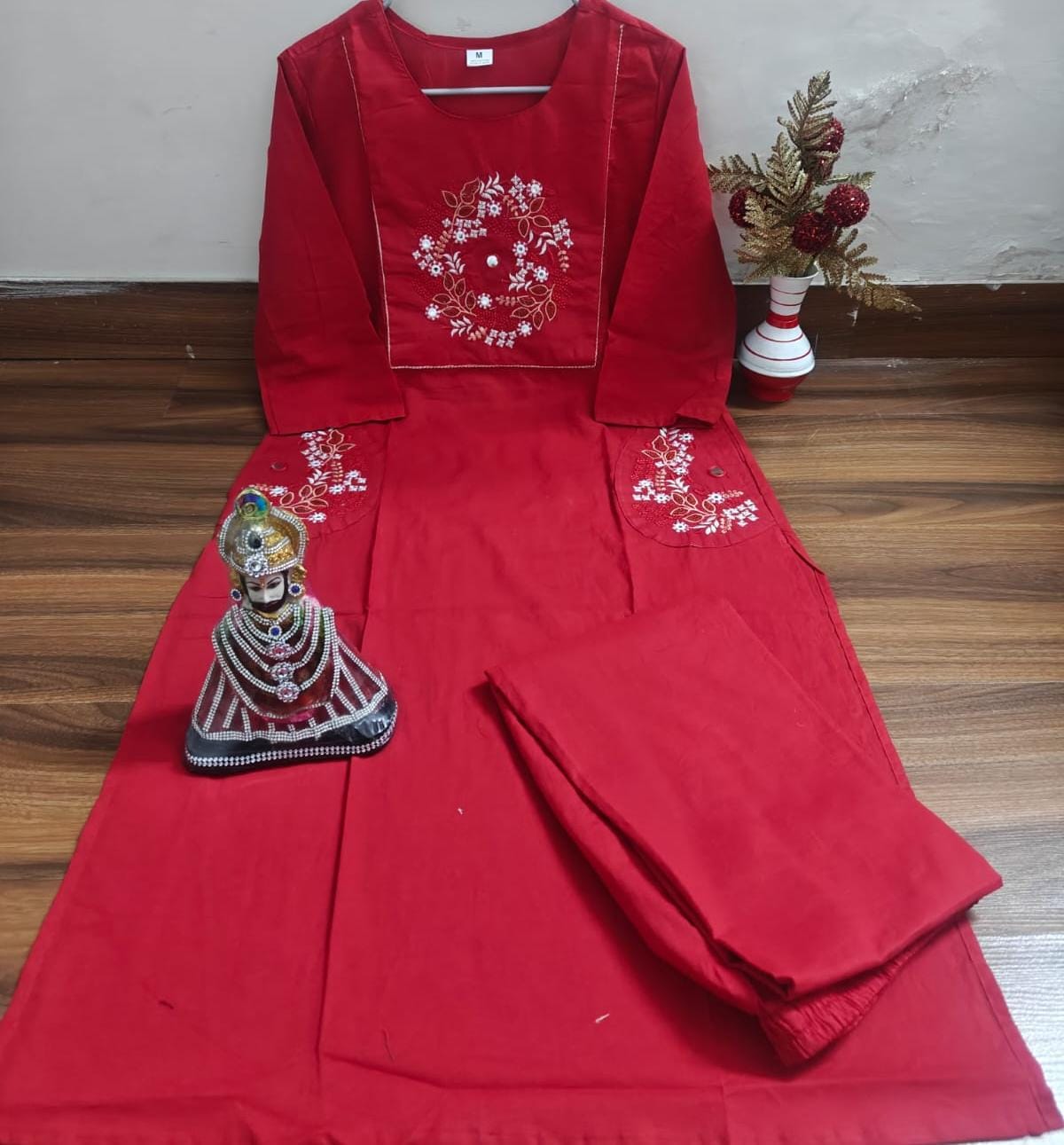 Red Cotton Embroidered Kurti Set with Pants for Women