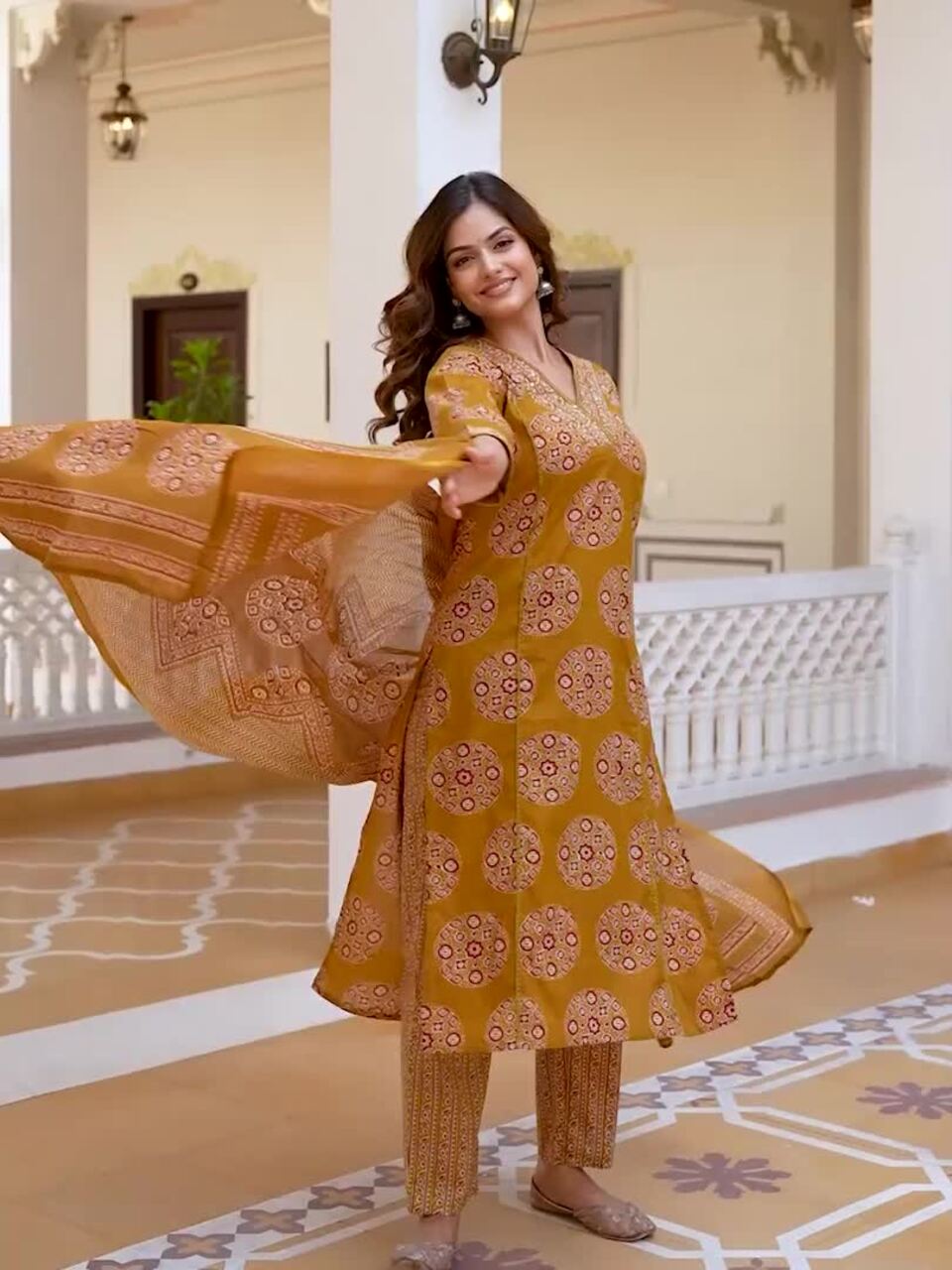 Yellow Floral Printed V-Neck Mirror Work Pure Cotton Kurta with Palazzos & Dupatta