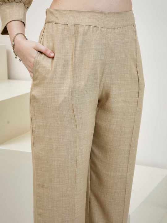 Beige Embroidered Linen Shirt With Trousers