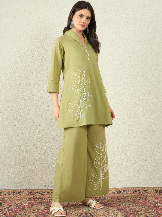 Green Embroidered Tunic With Trousers Co-Ords