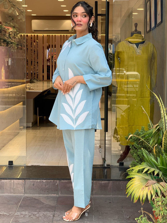 Floral Embroidered Shirt Collar Shirt & Trousers