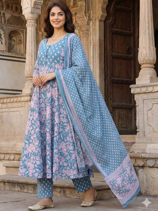 Women Floral Printed Empire Pure Cotton Kurta with Trousers & With Dupatta