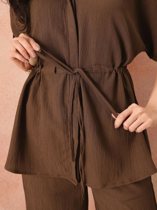 Brown Self Design Shirt with Palazzos