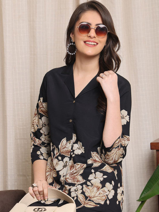 Black Floral Printed Lapel Collar Shirt With Trousers
