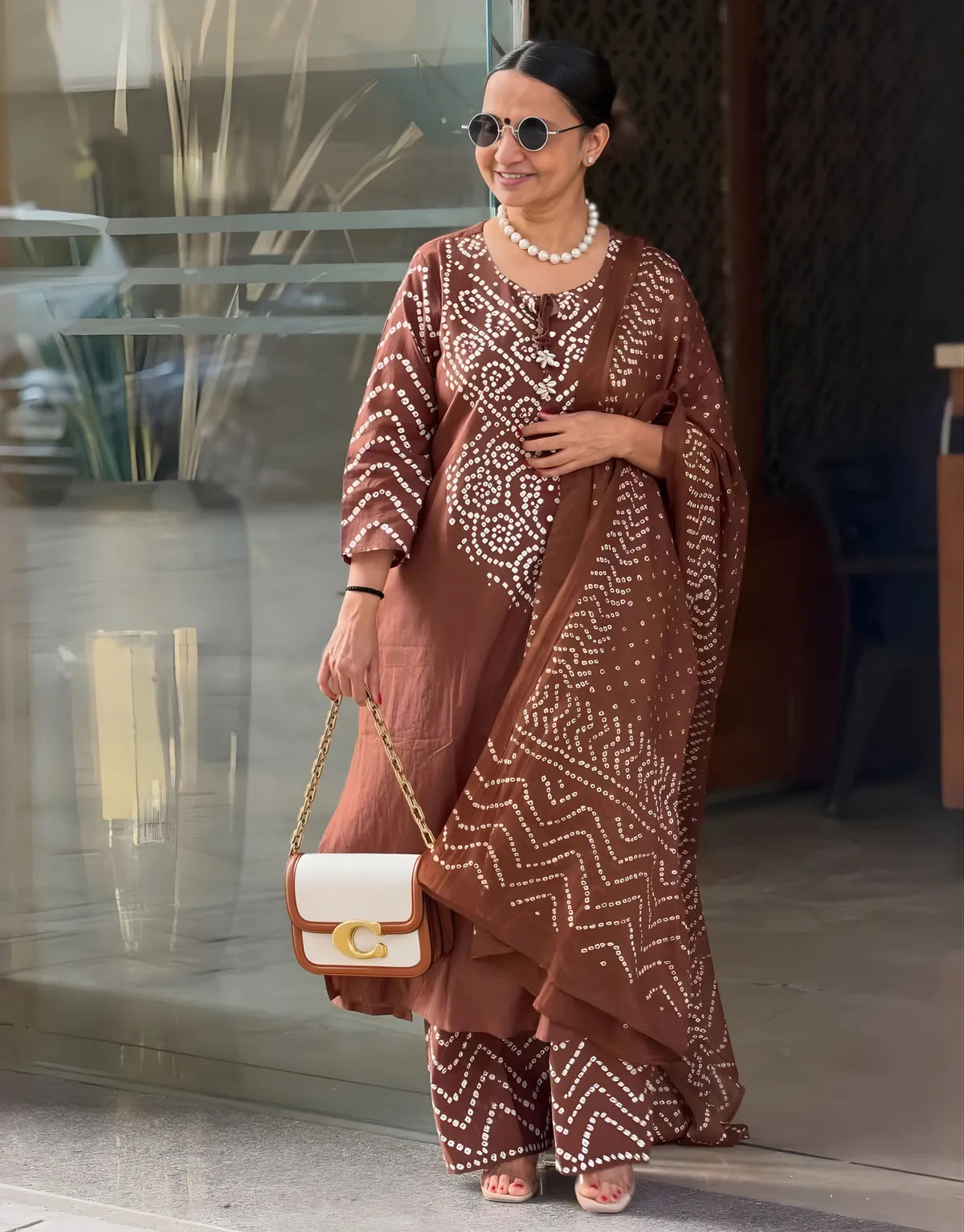 Gangori Bandhej Chocolate Kurta Set