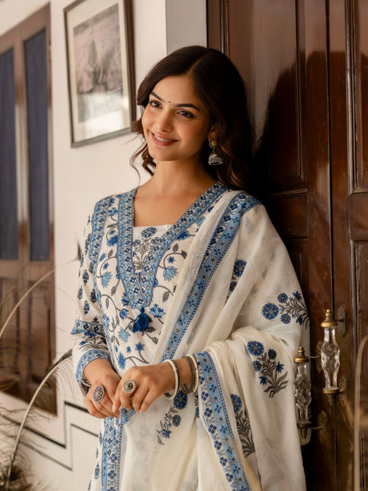 Blue Women Floral Printed Cotton Kurta with Palazzo & Dupatta