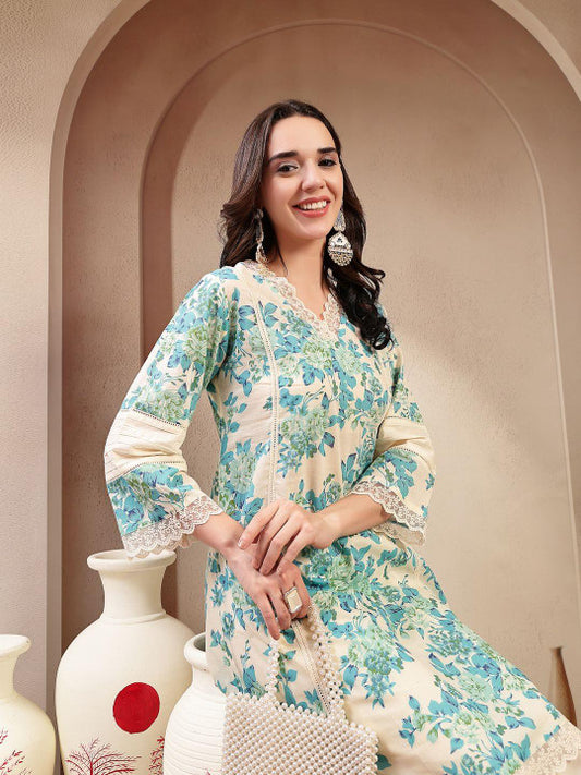 Women Printed V-Neck Cotton Tunic and Trousers Co-Ords