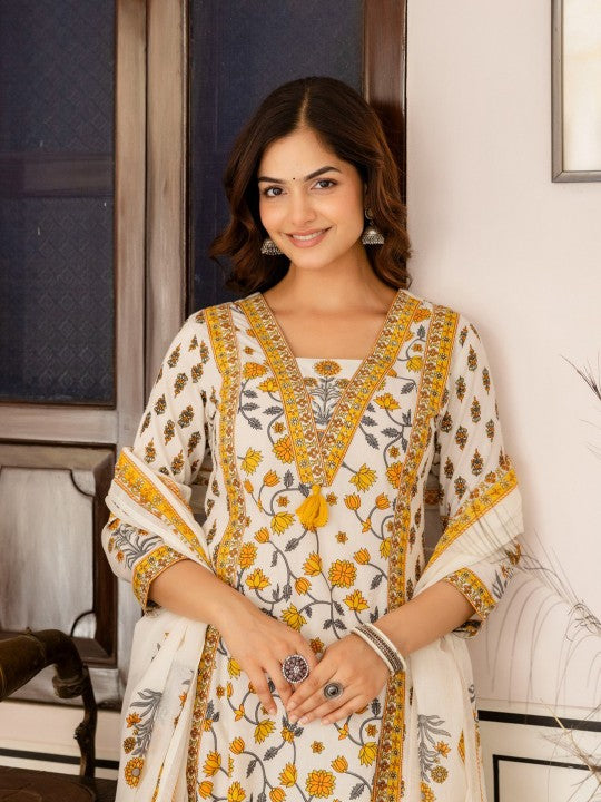 Yellow Floral Printed Bagru Pure Cotton Kurta with Palazzos & Dupatta