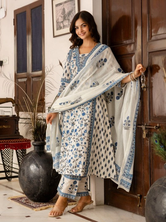 Blue Women Floral Printed Cotton Kurta with Palazzo & Dupatta