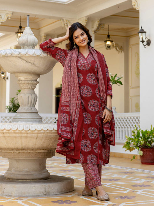 Maroon Women Printed Regular Mirror Work Pure Cotton Kurta with Palazzos & With Dupatta