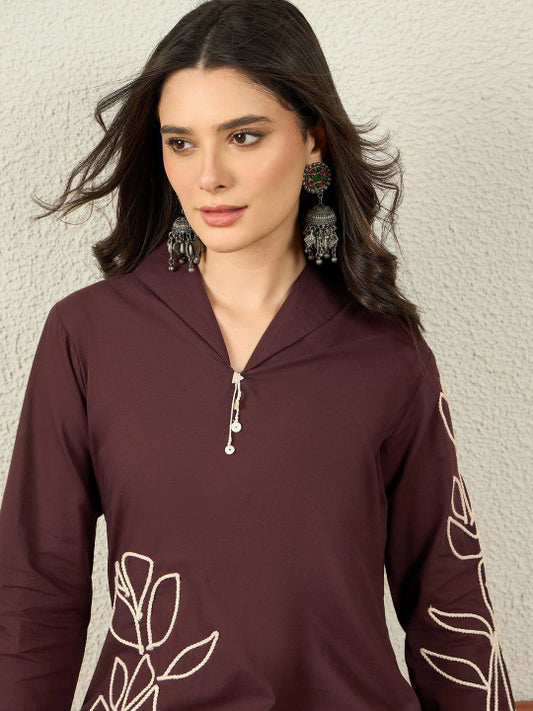 Brown Embroidered Tunic With Trousers Co-Ords