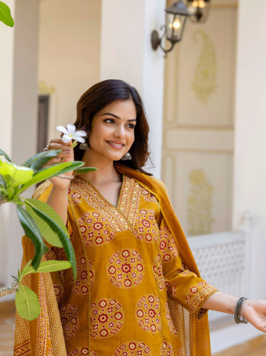 Yellow Floral Printed V-Neck Mirror Work Pure Cotton Kurta with Palazzos & Dupatta