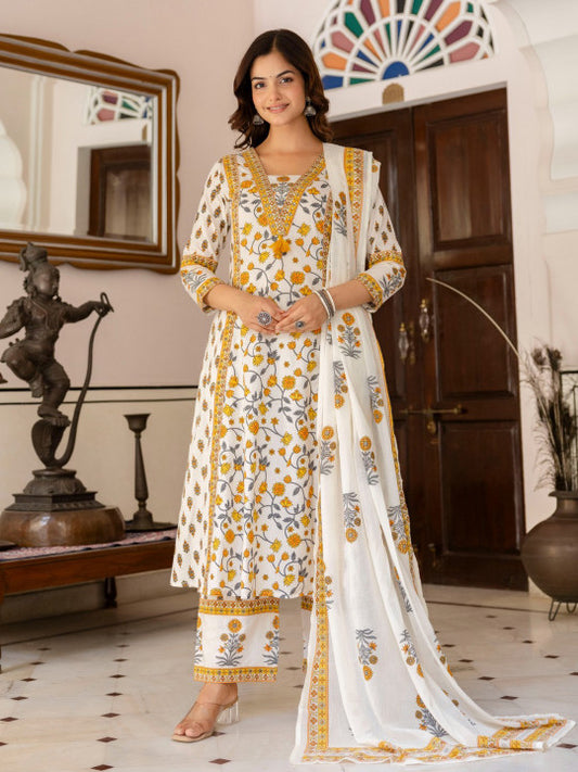 Yellow Floral Printed Bagru Pure Cotton Kurta with Palazzos & Dupatta