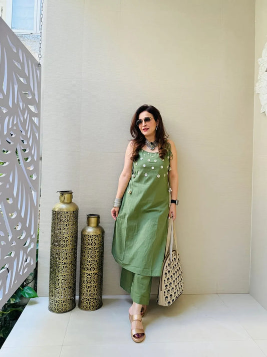 Green Premium Cotton Slub Co-ord Set For Women