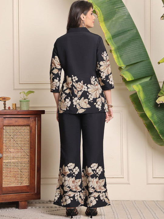 Black Floral Printed Lapel Collar Shirt With Trousers