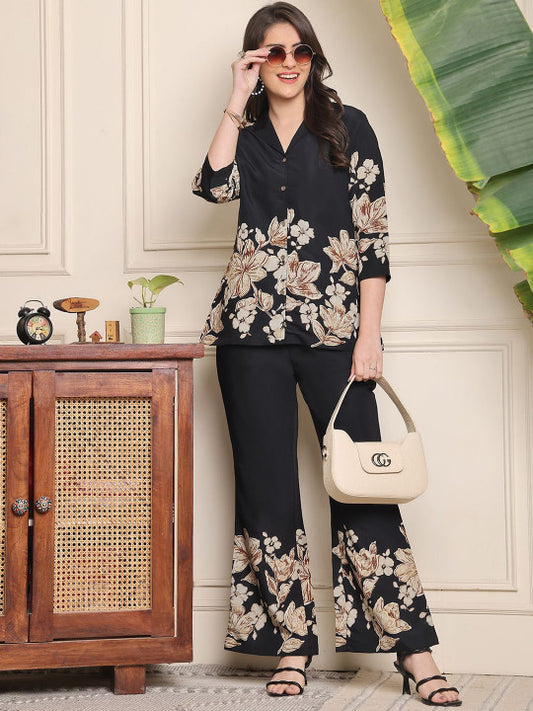 Black Floral Printed Lapel Collar Shirt With Trousers