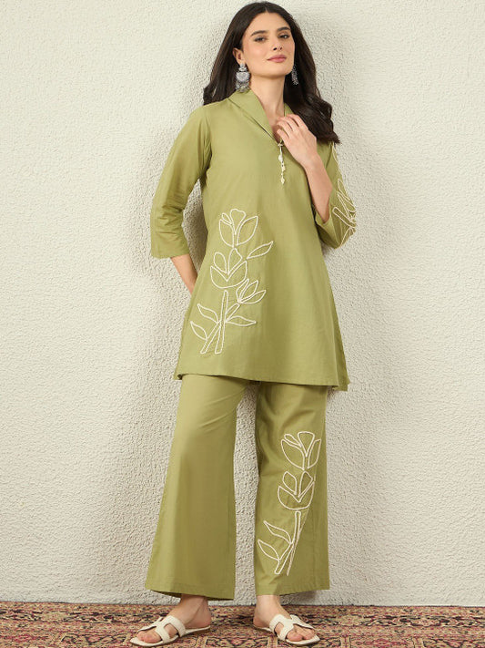 Green Embroidered Tunic With Trousers Co-Ords
