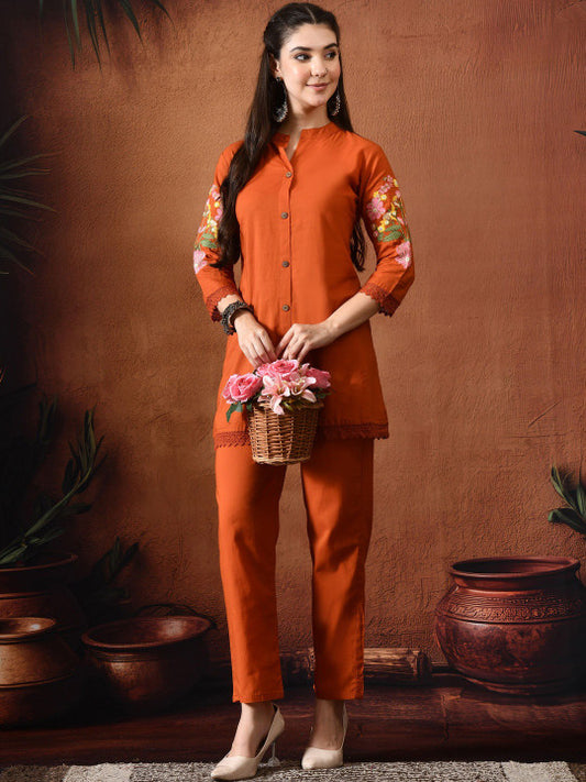 Rust Orange Embroidered Tunic With Trousers Co-Ords