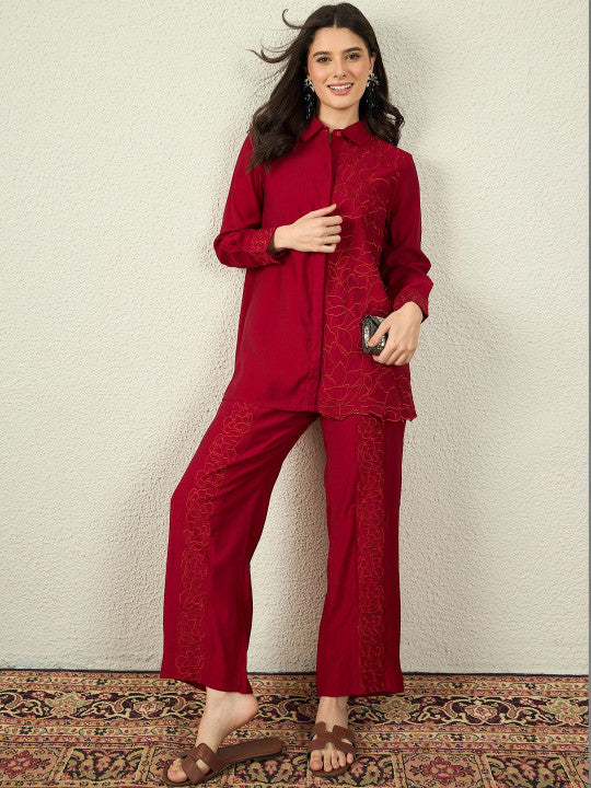 Embroidered Silk Blend Shirt Collar Romantic Florals Co-Ords