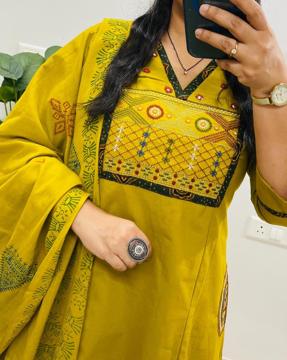Embroidered Yoke Cotton Kurti Pant & Printed Dupatta Set – Mustard Yellow