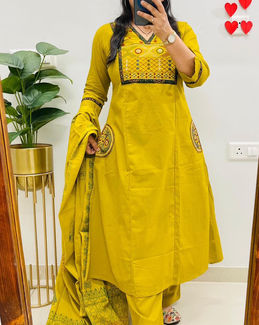 Embroidered Yoke Cotton Kurti Pant & Printed Dupatta Set – Mustard Yellow