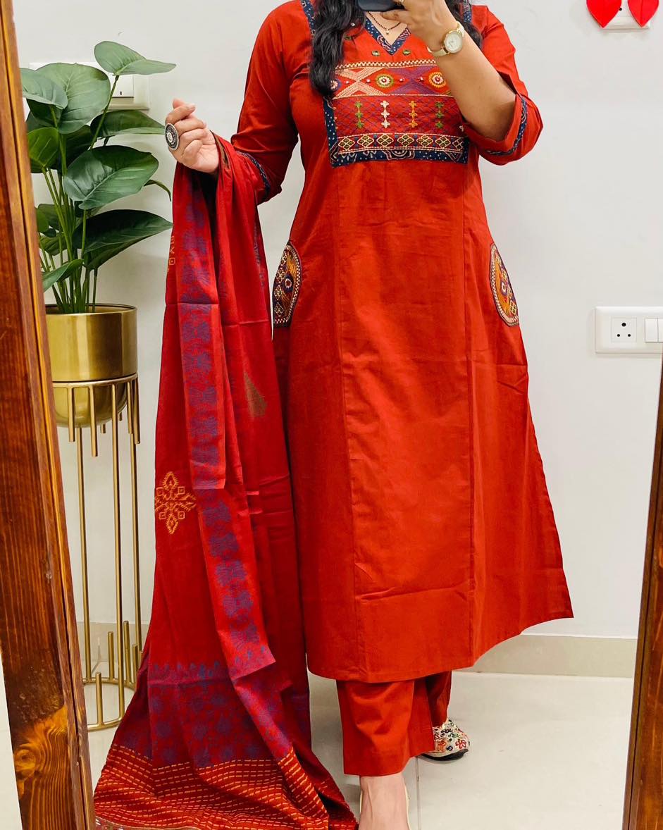Women’s Embroidered Cotton Kurti Pant & Dupatta Set – Rust Red