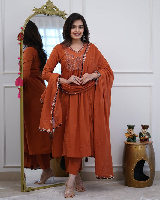Women’s Embroidered Cotton Anarkali Kurti Pant & Dupatta Set – Rust Brown