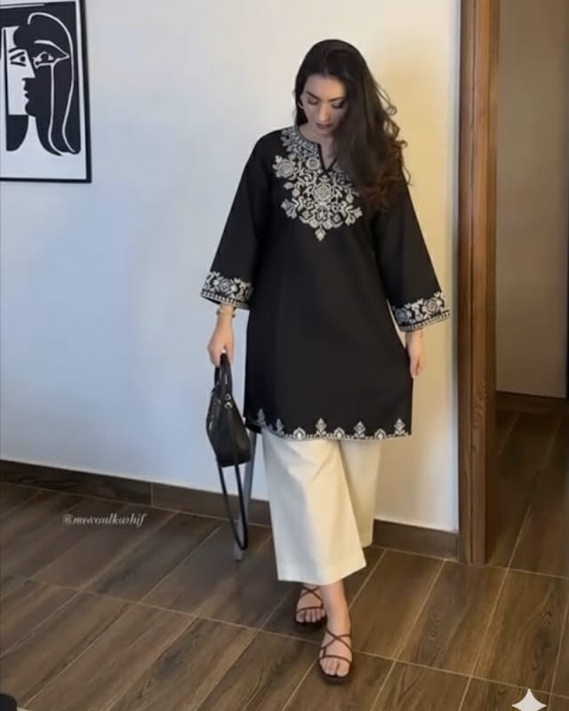 Embroidery Black Cotton Kurta Set with Palazzo Pants