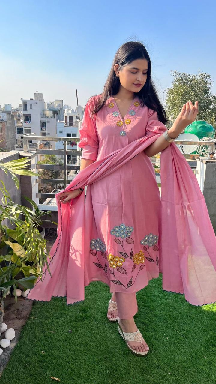 Rose Bloom Embroidered Kurta Set with Dupatta