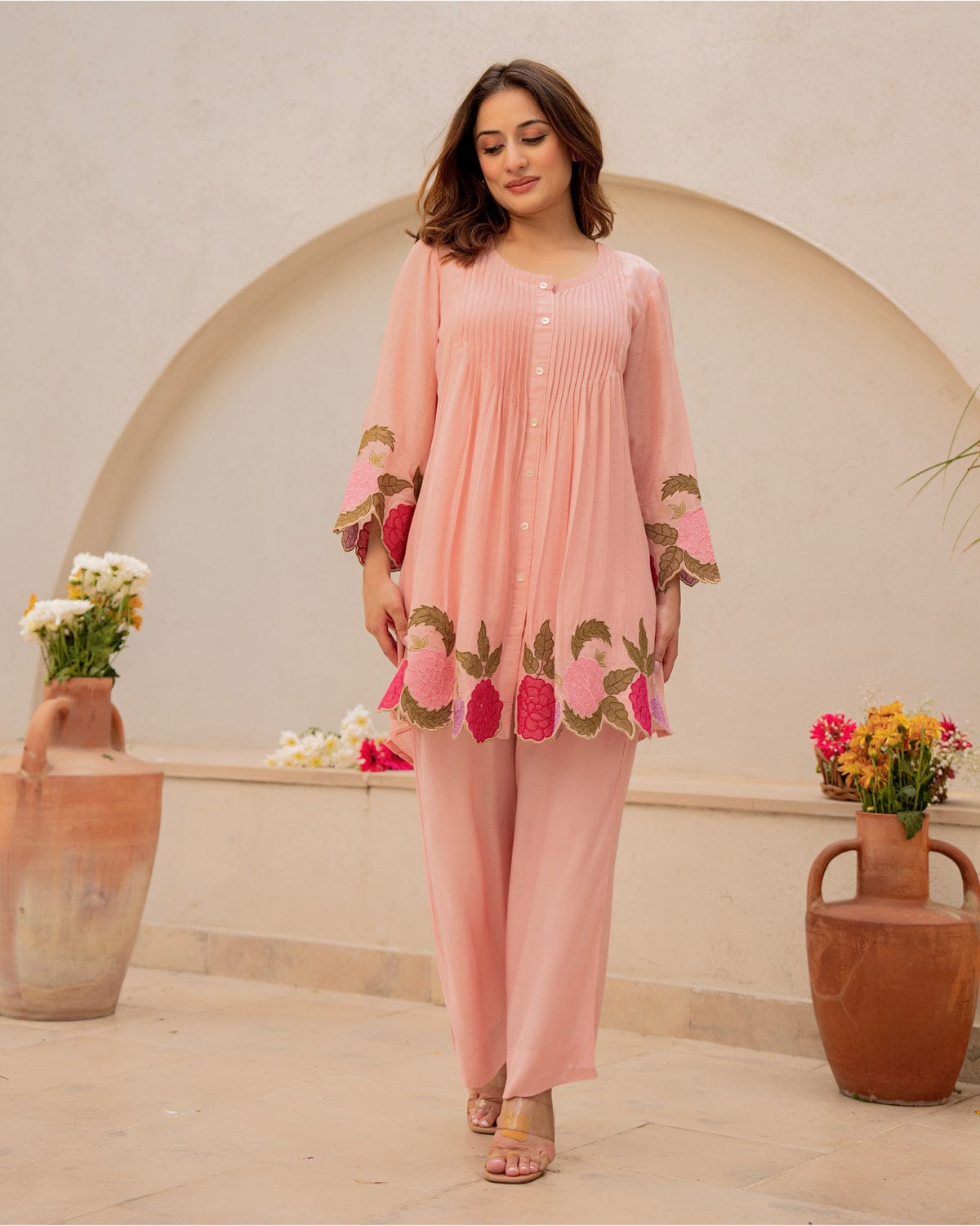 Peach Blossom Embroidered Kurta Set