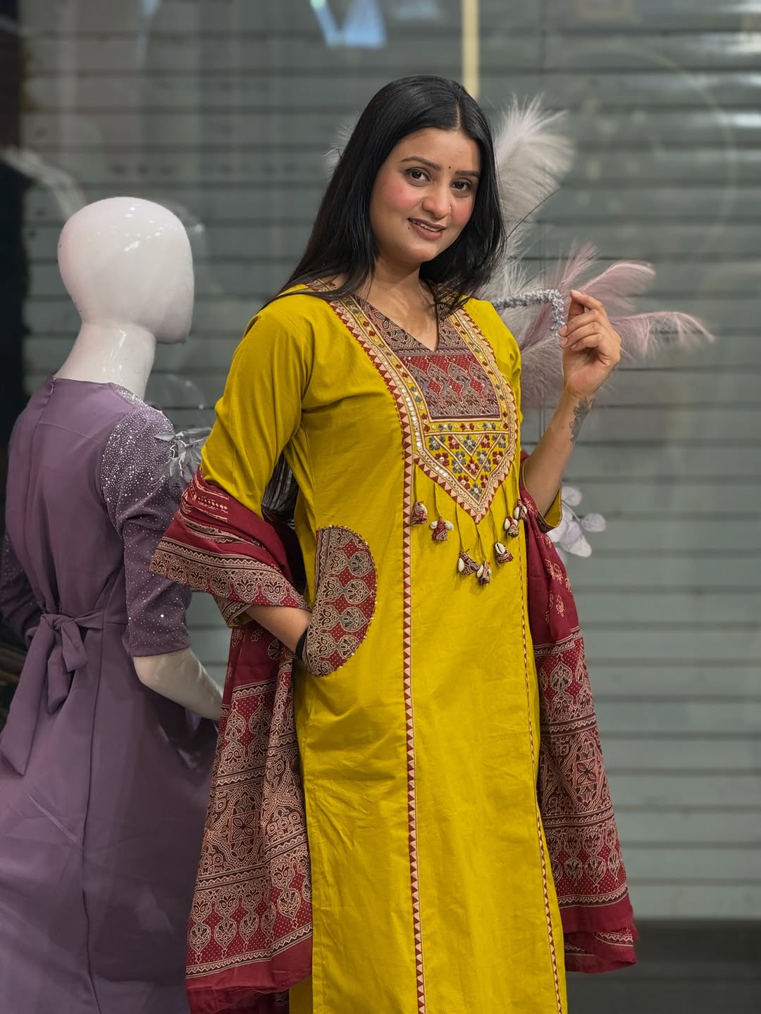 Mustard Yellow Cotton Embroidered Kurti with Printed Dupatta for Women