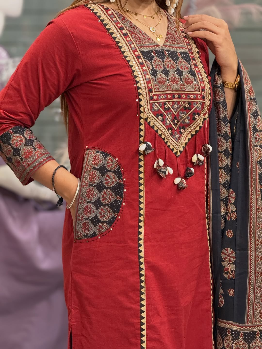 Red Cotton Embroidered Kurti with Printed Dupatta for Women