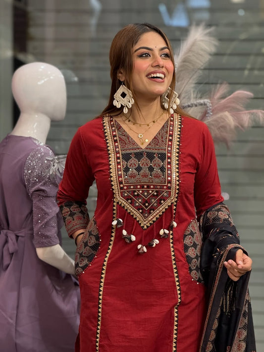 Red Cotton Embroidered Kurti with Printed Dupatta for Women