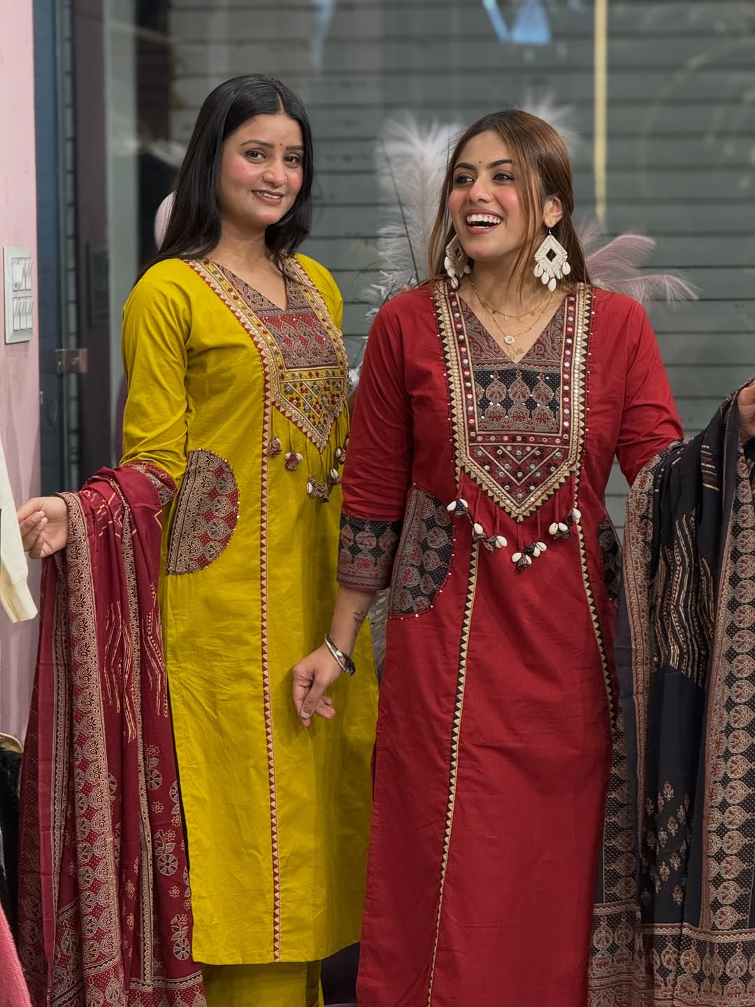 Mustard Yellow Cotton Embroidered Kurti with Printed Dupatta for Women