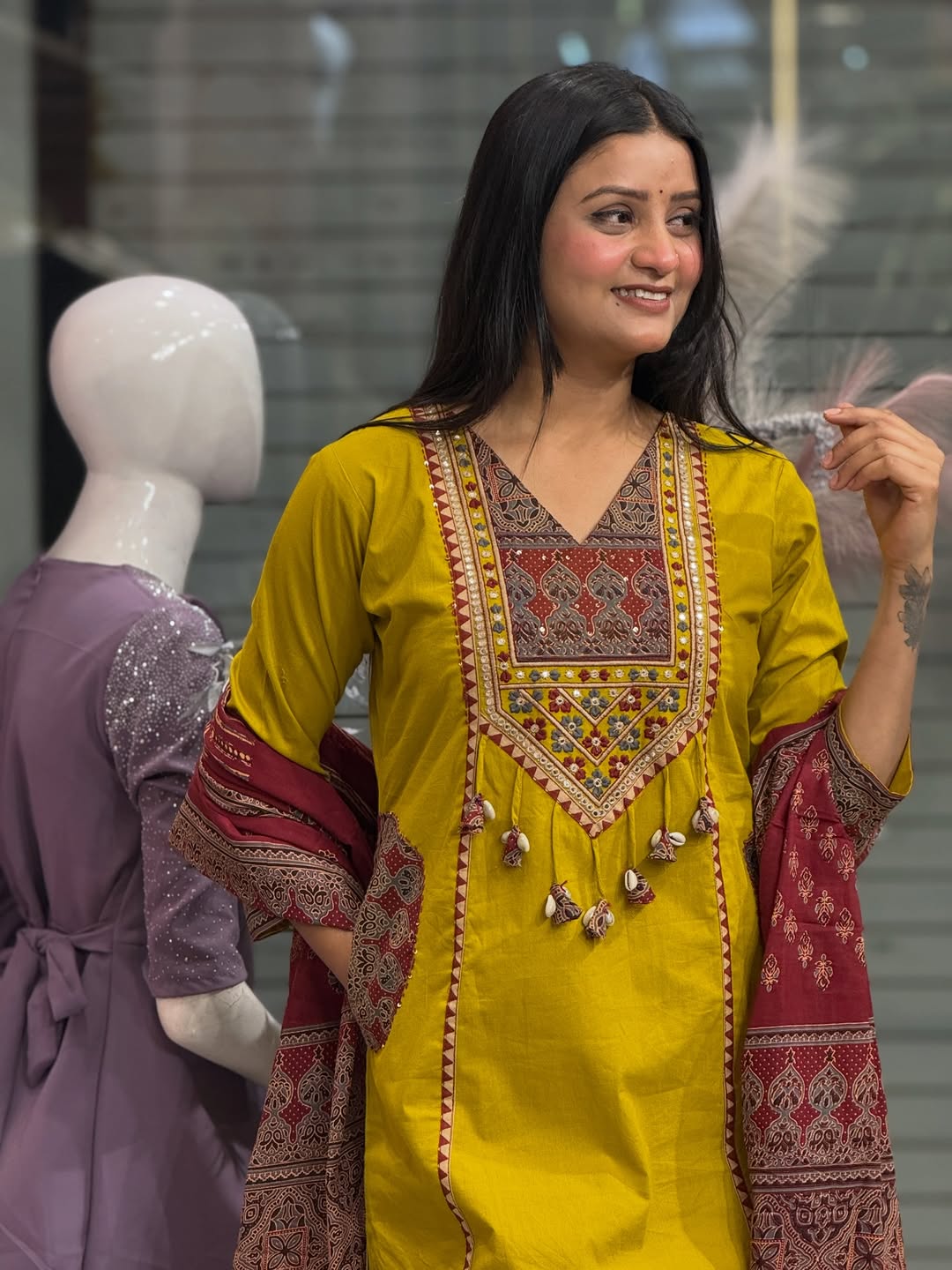 Mustard Yellow Cotton Embroidered Kurti with Printed Dupatta for Women