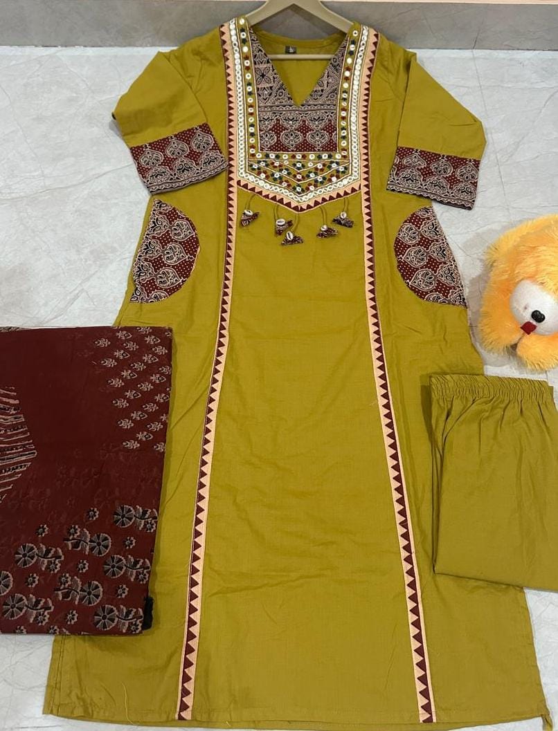 Mustard Yellow Cotton Embroidered Kurti with Printed Dupatta for Women