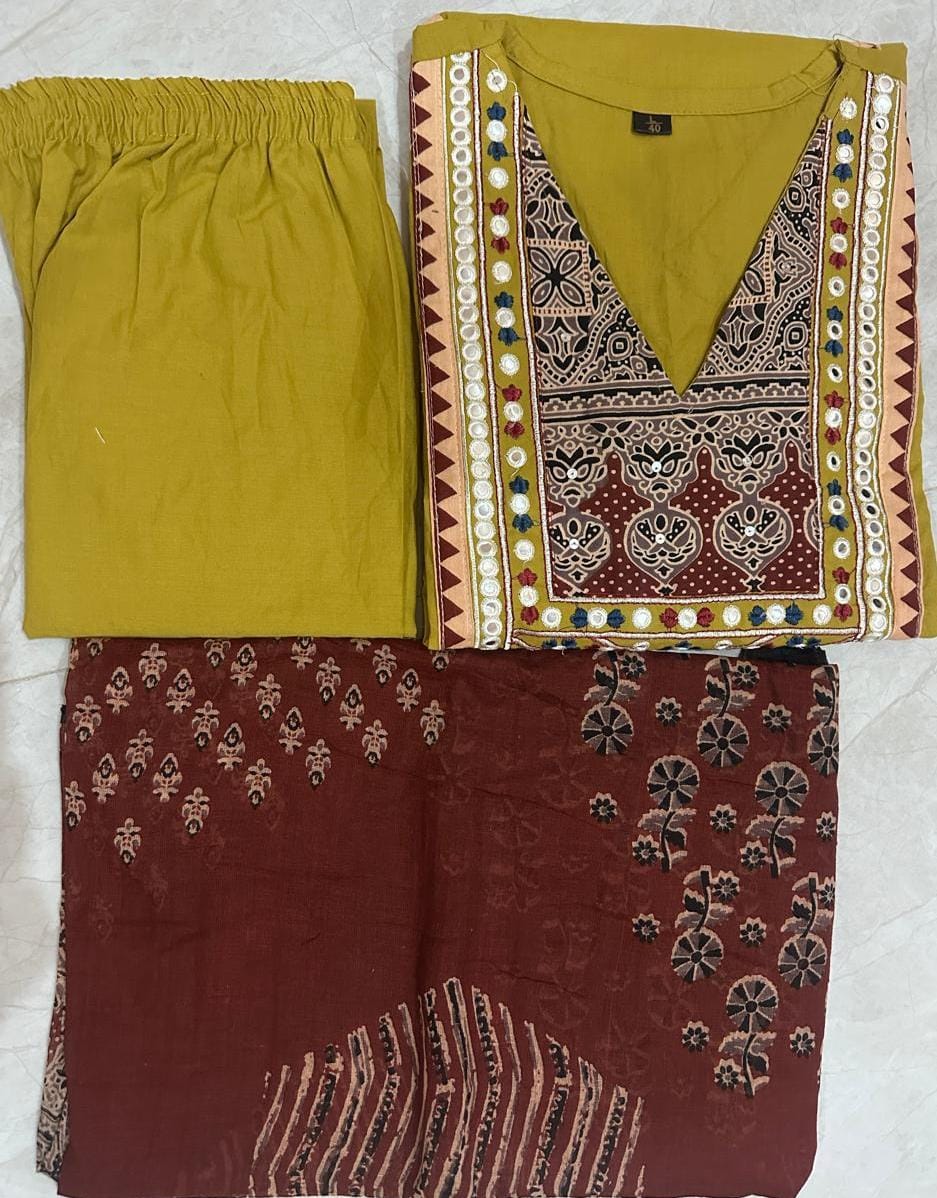 Mustard Yellow Cotton Embroidered Kurti with Printed Dupatta for Women