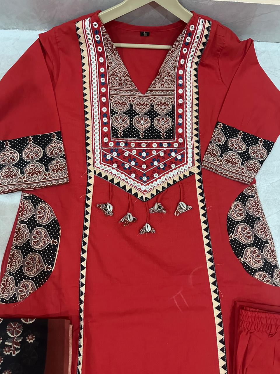 Red Cotton Embroidered Kurti with Printed Dupatta for Women