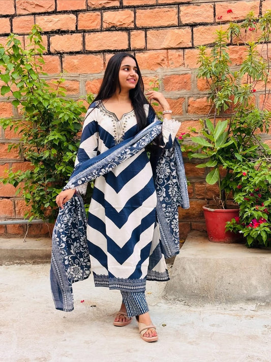 Blue & White Chevron Printed Cotton Kurti Set with Dupatta for Women